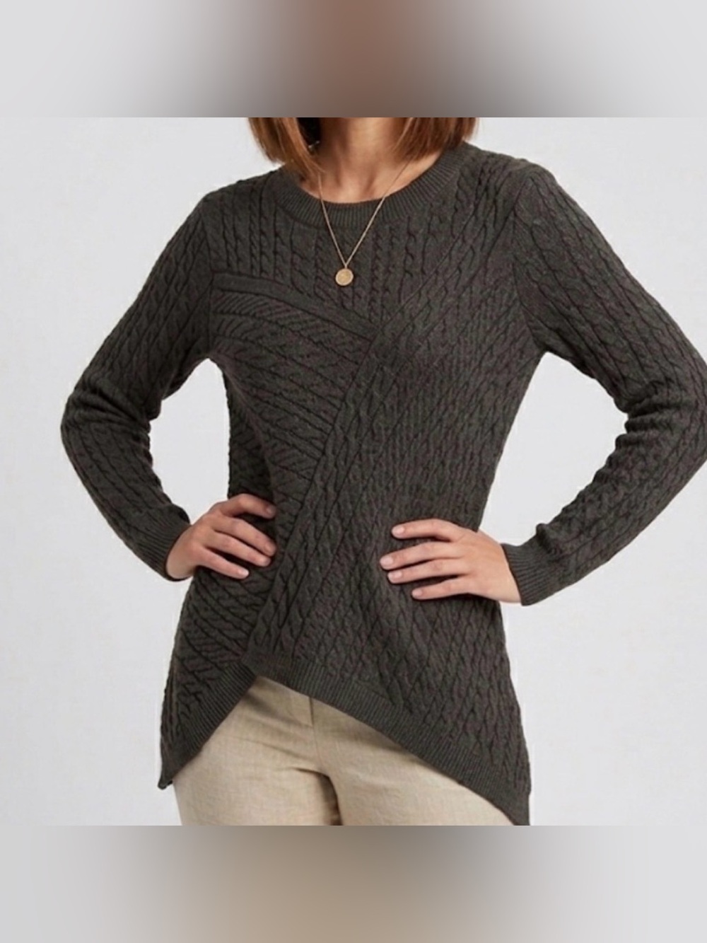 Evolution by Cyrus women’s Size S Charcoal Cable Knit Asymmetrical Sweater(C53)
